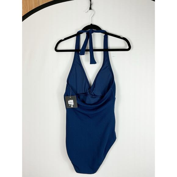 Ellen Tracy Womens One Piece Bathing Suit Swimsuit Navy Blue Halter Tie Neck - Picture 3 of 5